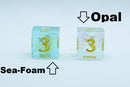 Sea-Foam Sharp Edge Resin 7-Dice Dice (Soft Blue w/ Gold Numbers)