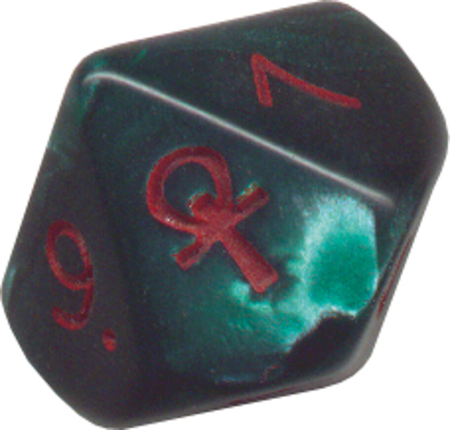 Pearlescent Ankh Numbered 2-10 w/Ankh on one side d10 Green/red numbers