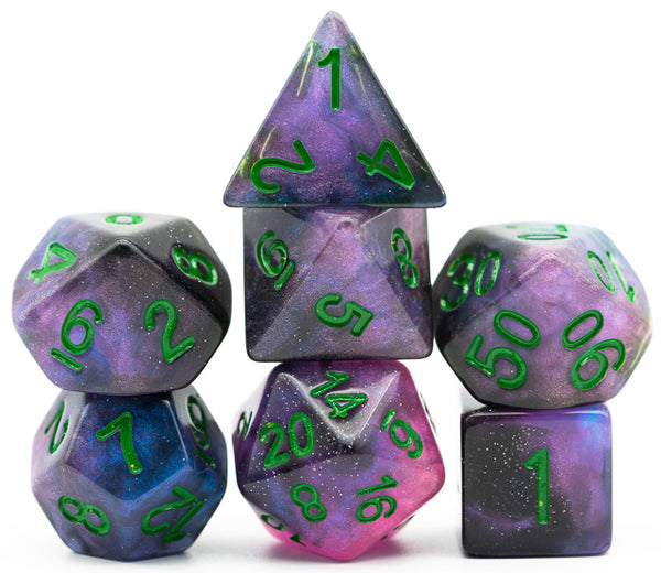 Purple & Blue w/green Galaxy Glitter 7-Dice Set RPG