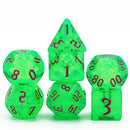 Green Glitter Party Glitter Dice (Pink font) 7-Dice Set RPG DND