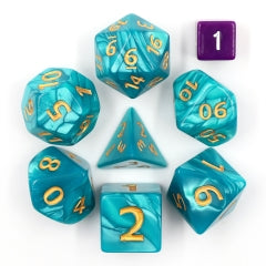 Blue Giant Pearl Dice (7) with Green Numbers RPG Role Playing Dice