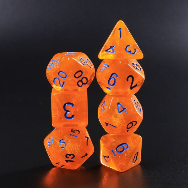Pumpkin's Orange Glitter with Blue Numbering 7-Dice Set RPG