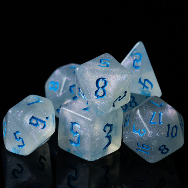 Glitter Party White Glitter Dice (Blue font) 7-Dice Set RPG DND