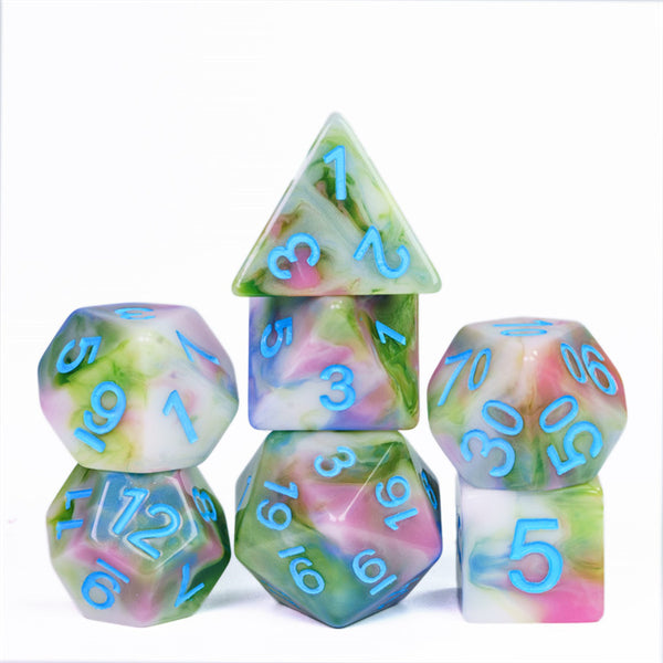 Earthly 4-Color 7-Dice Dnd Dice | Green White Green w/Blue Numbers Set