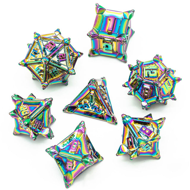Rainbow Pinwheel Strengthened Metal 7-Dice Set | Metal DND Dice