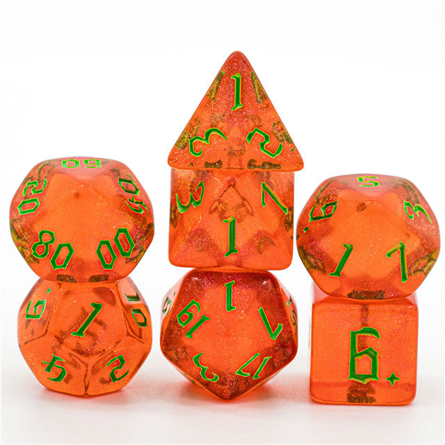 Strawberry Red Glitter Party Glitter Dice (Green font) 7-Dice Set RPG DND