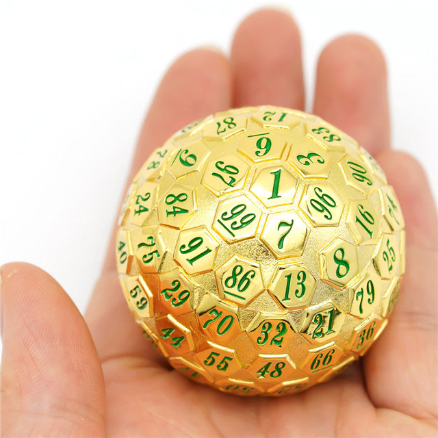 Golden Metal d100 w/ Green Numbers Dungeons and Dragons RPG