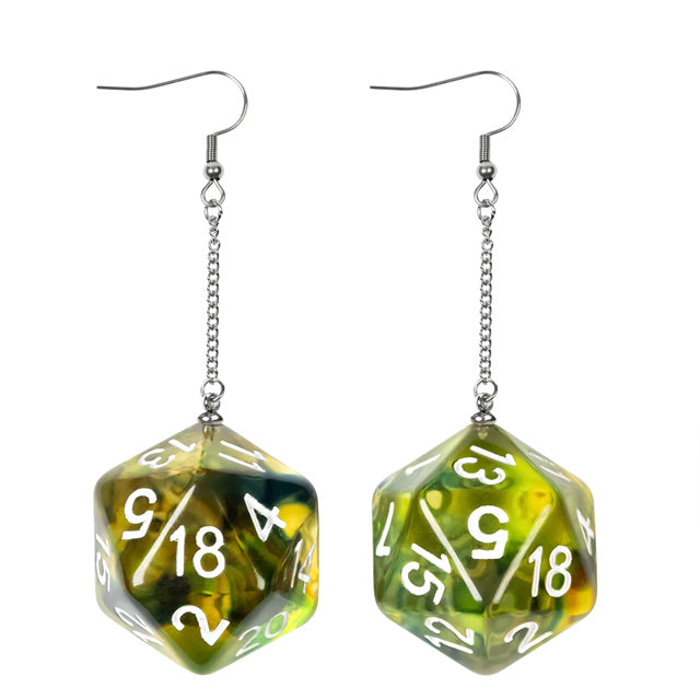 Green Dice Earrings: D20 Dice w/Colorful Inclusion Nerdy RPG Jewelry
