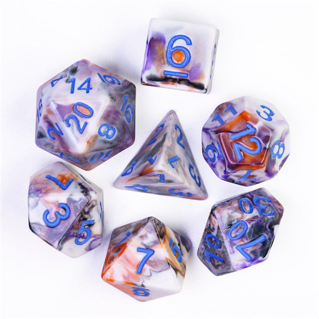 Spooky 4-Color 7-Dice Dnd Dice | White Orange Purple w/Purple Numbers Set