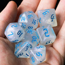 Glitter Party White Glitter Dice (Blue font) 7-Dice Set RPG DND
