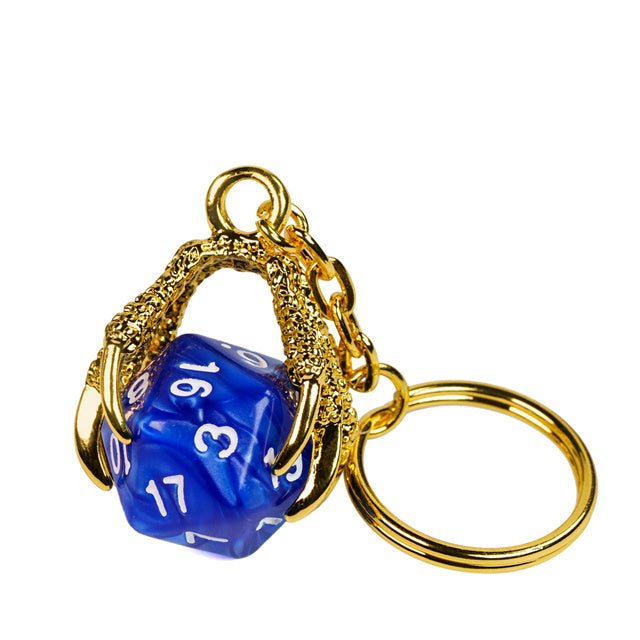 Claw Blue D20 Keychain Featuring Gold Metal Dragon Claw + d20