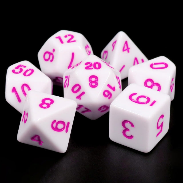 White Opaque with Purple/Pink Numbering 7-Dice Set RPG