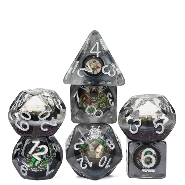 Compass Dice 7-Dice Set Clear w/ Moving Compass Inside Glitter Base Dnd