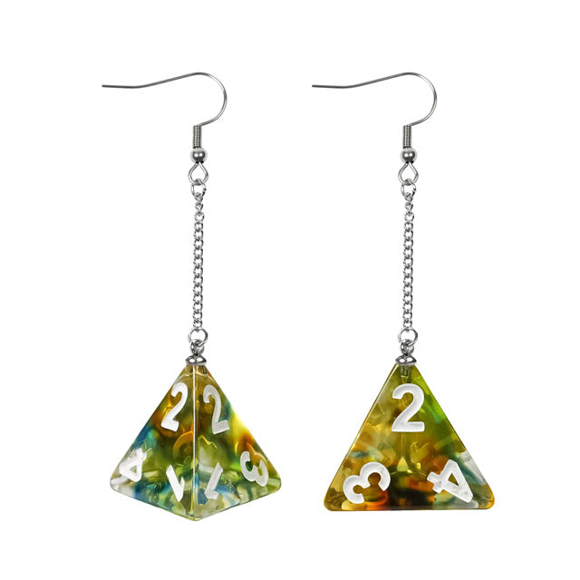 Green Dice Earrings: D4 Dice w/Colorful Inclusion Nerdy RPG Jewelry
