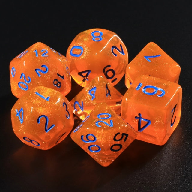 Pumpkin's Orange Glitter with Blue Numbering 7-Dice Set RPG