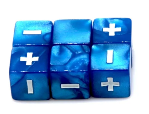 Plus Sign Dice Pearl Blue Fudge Dice | 16mm Dice with White Plus / Minus and Blank Si