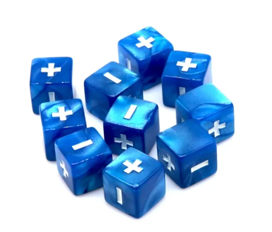 Plus Sign Dice Pearl Blue Fudge Dice | 16mm Dice with White Plus / Minus and Blank Si