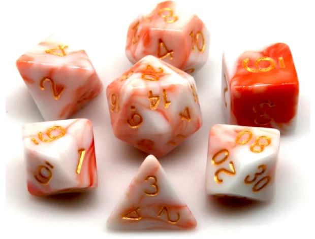 Kapok's Pain 7-Dice Set Off Red & White w/Gold Numbers Dnd Dice Set