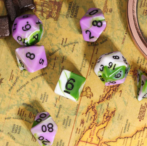 Aasimar's Pain 7-Dice Set Blended Green/Purple/White w/Black Numbers Dnd Dice