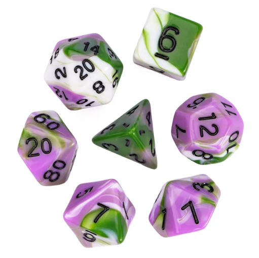 Aasimar's Pain 7-Dice Set Blended Green/Purple/White w/Black Numbers Dnd Dice