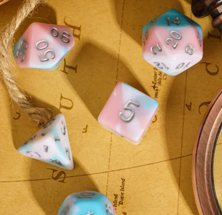 Satyr's Pain 7-Dice Set Blended Blue/Pink/White w/Silver Numbers Dnd Dice
