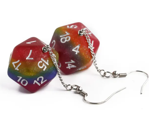 Rainbow Glitter Dice Earrings: D20 Dice Spinning Colors Nerdy RPG Jewelry