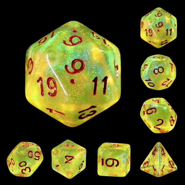 Lemon Yellow Glitter with Red Numbering 7-Dice Set RPG