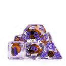 Orange Skull Dice | Clear RPG 7-Dice Set w/ Purple Numbers
