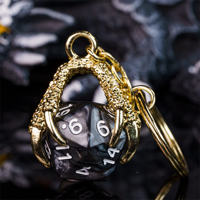 Claw Black D20 Keychain Featuring Gold Metal Dragon Claw + d20
