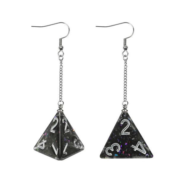 Black Glitter Dice Earrings: D4 Dice w/Colorful Inclusion Nerdy RPG Jewelry
