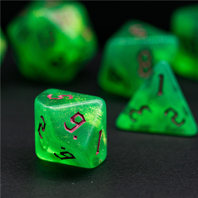 Green Glitter Party Glitter Dice (Pink font) 7-Dice Set RPG DND