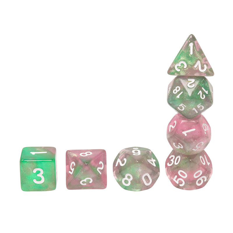 Rebirth 7-Dice Set Green/Pink w/White Numbers Dnd Dice Set (Blacklight reactive)