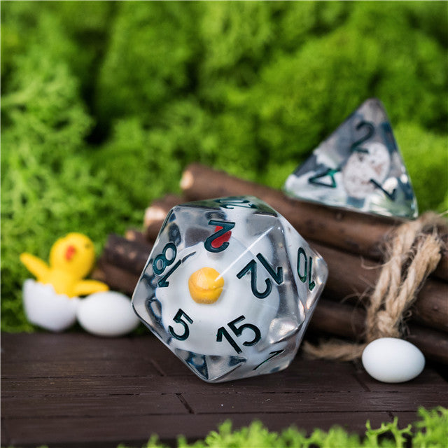 Chicken Family 7-Dice Set w/Green Numbers Dnd Dice Set + 30mm d20