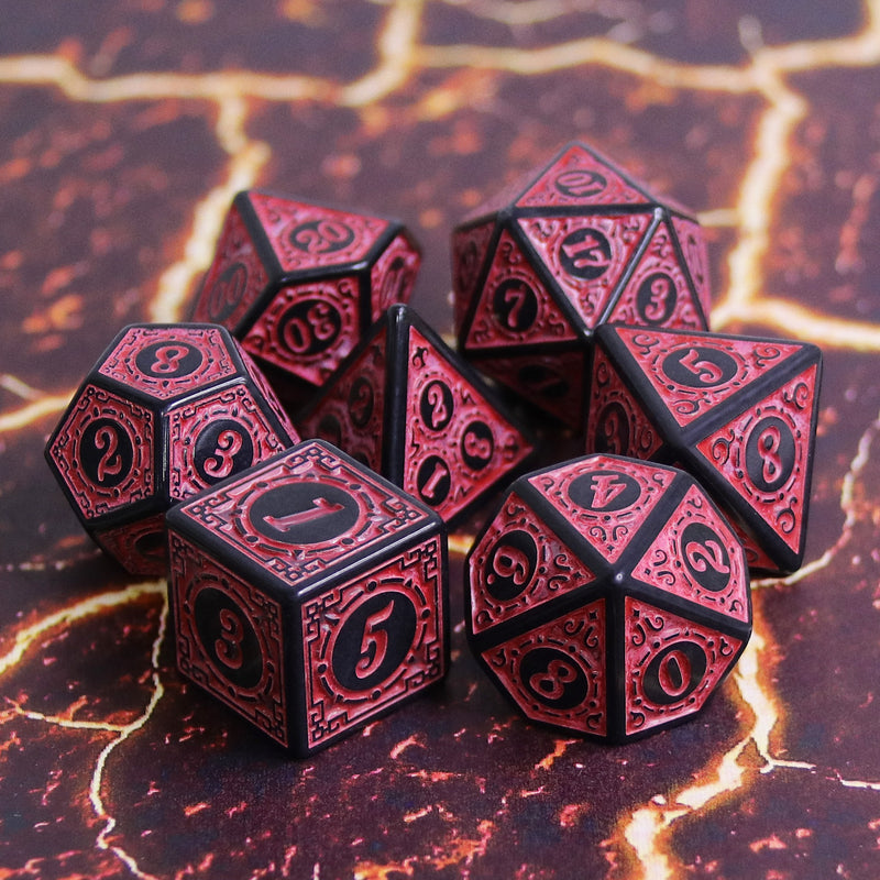 Red Magic Flame 7-Dice Set DND RPG Dice Black w/Color Fill