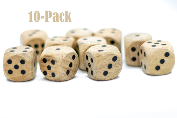 10-Pack Wooden 16mm d6 Dice w/ Black Dots Rounded Corners - Wood Dice